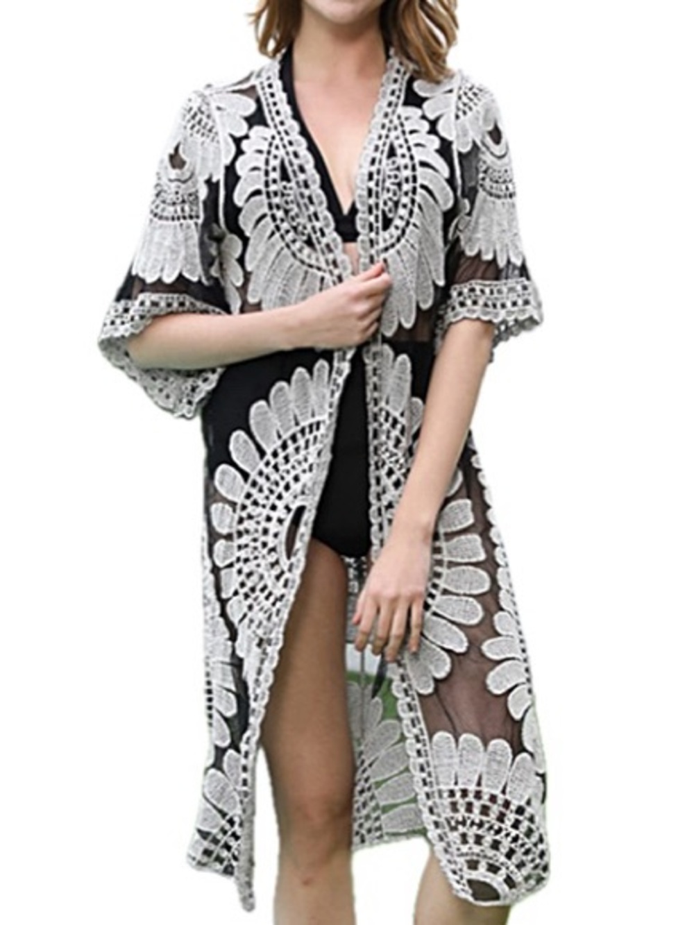 Siren Lily Maternity Sheer Mesh Embroidered Beach Cover Up Cardigan Black Large